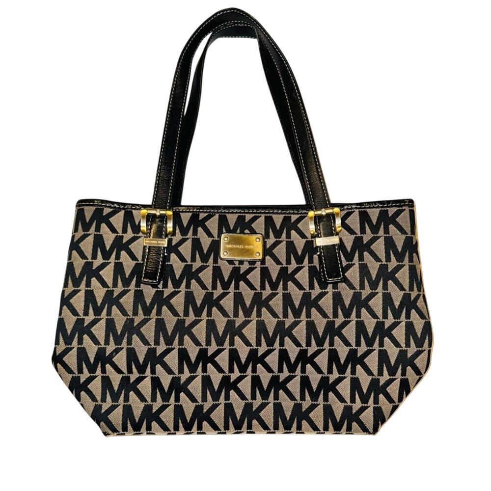 Michael Kors / Tote / Signature Jet Set / Tan and Black Jacquard / Leather / EUC